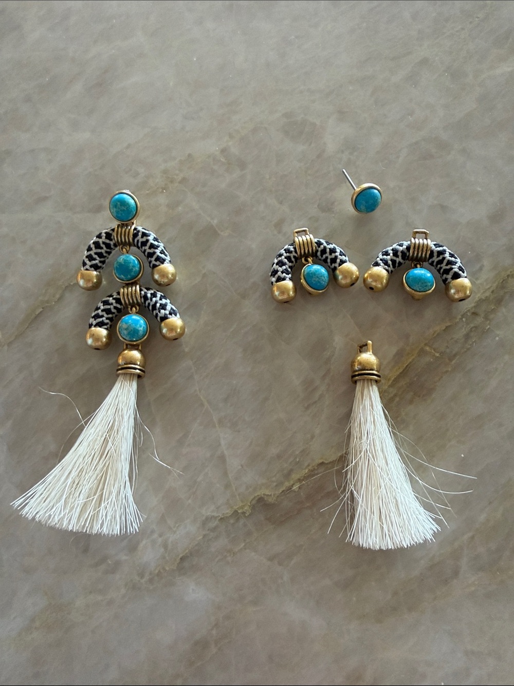 Boho Turquoise & Cream Tassel Statement Earrings